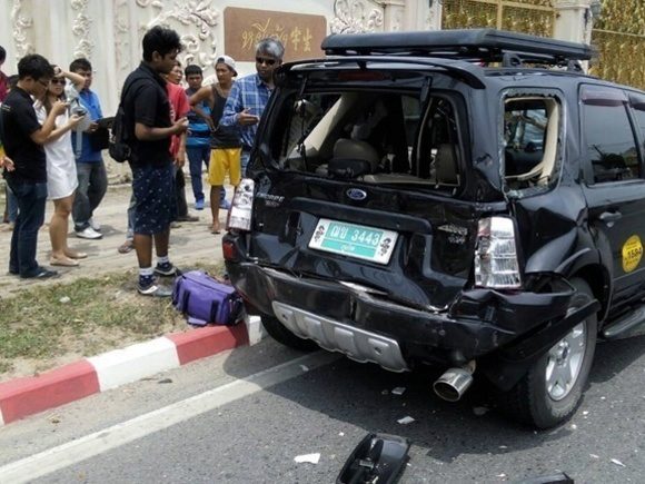 Bus slams into rear of Phuket taxi injuring driver and passenger